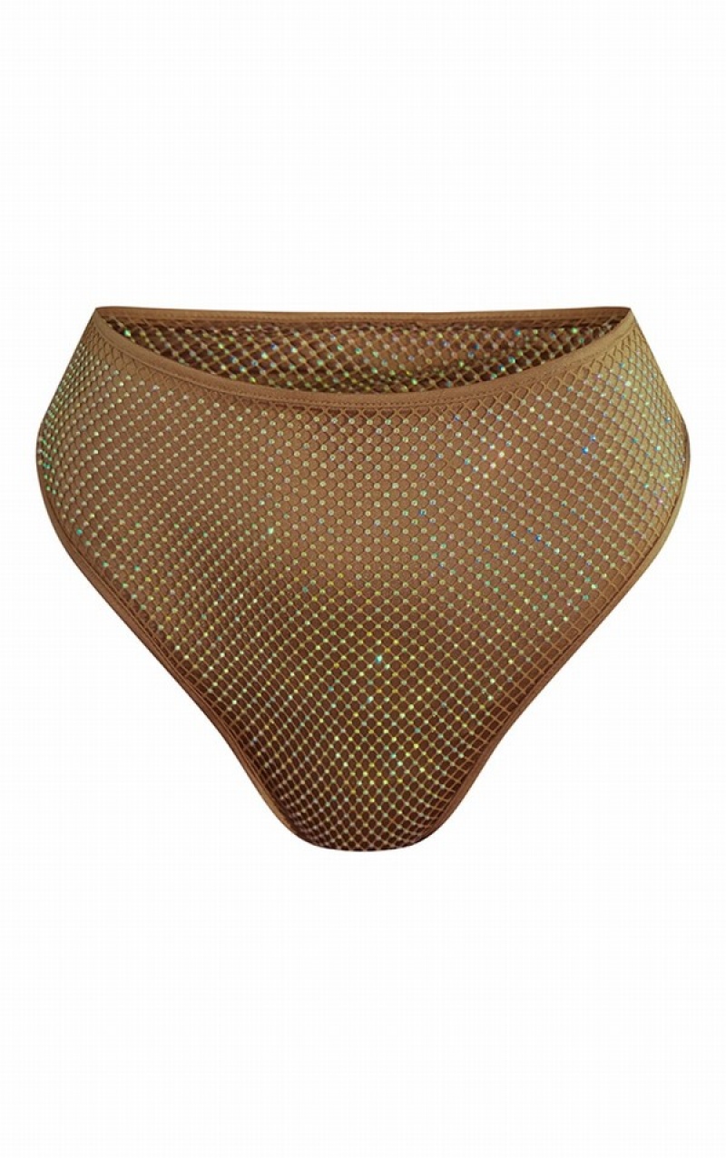 Beige Pretty Little Thing Mocha Fishnet Diamante High Waist High Leg Bikini Bottoms | IYCLTBR-98