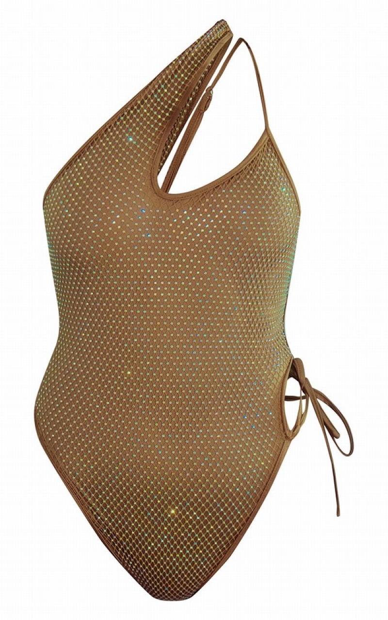 Beige Pretty Little Thing Mocha Fishnet Diamante Asymmetric Lace Up Swimsuits | TJNVSZW-57