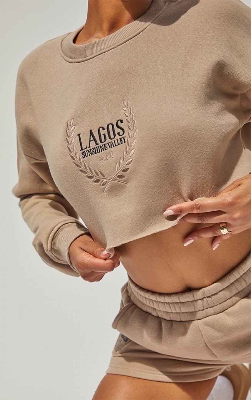 Beige Pretty Little Thing Mocha LAGOS Printed Cropped Sweatshirts | TNRODFW-09