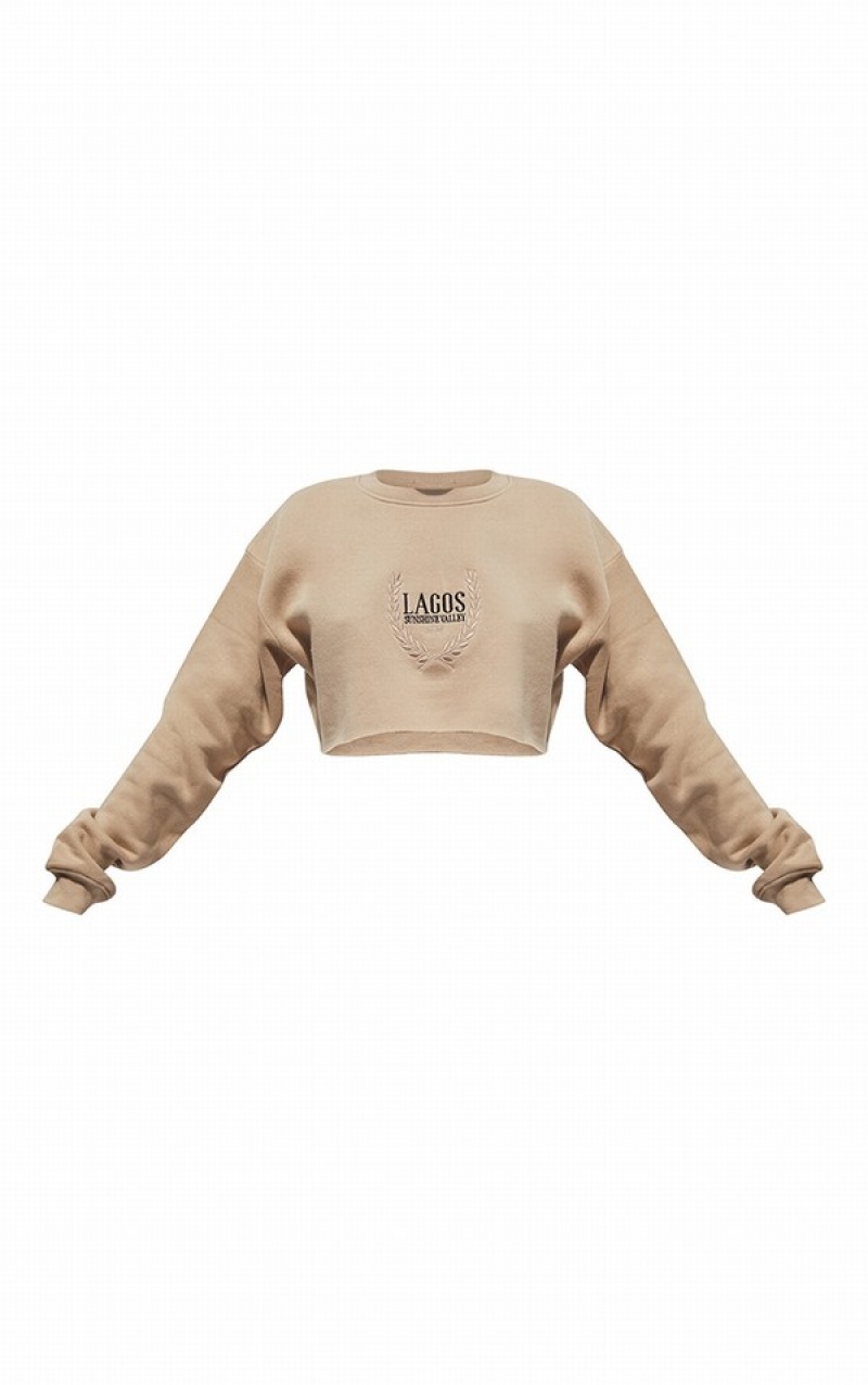 Beige Pretty Little Thing Mocha LAGOS Printed Cropped Sweatshirts | TNRODFW-09