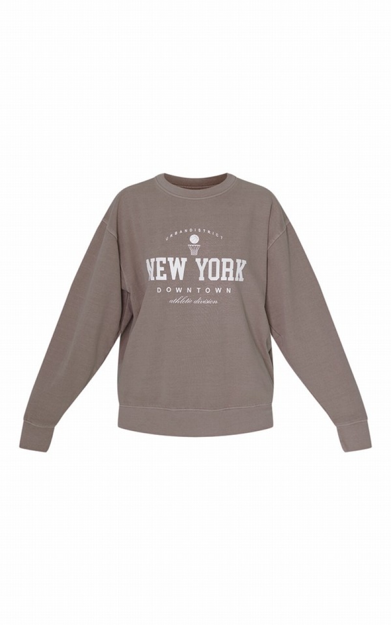 Beige Pretty Little Thing Mocha New York Downtown Graphic Printed Sweatshirts | CIZJWPT-61