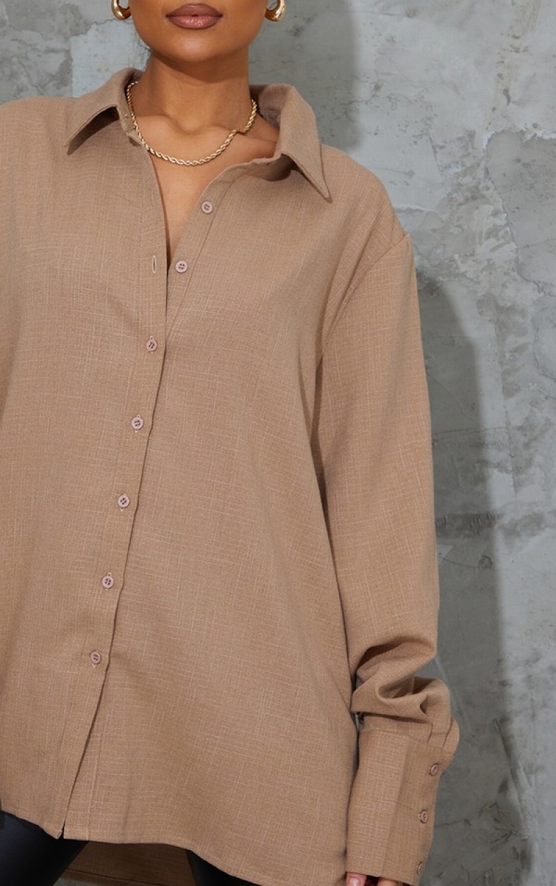 Beige Pretty Little Thing Mocha Oversized Cuff Shirts | CIVTMOS-30