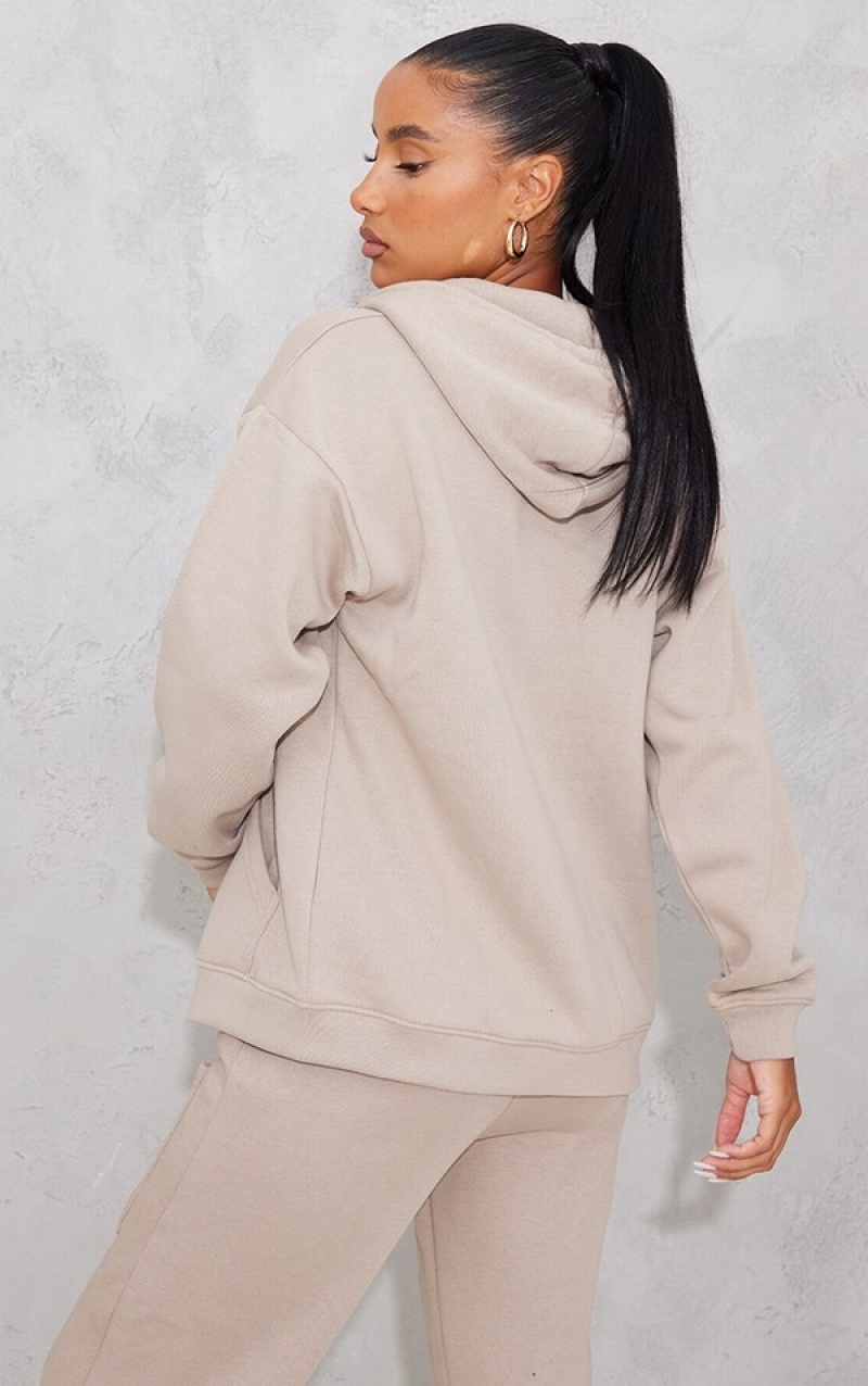 Beige Pretty Little Thing Mocha Printed Extreme Oversized Zip Throug Hoodie | ROEMNXB-24