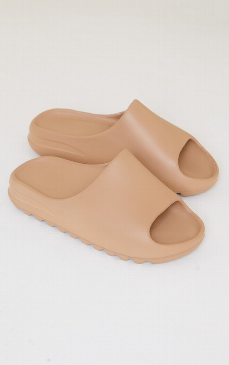 Beige Pretty Little Thing Mocha Rubber Ribbed Sole Slides | KXAUJWH-09