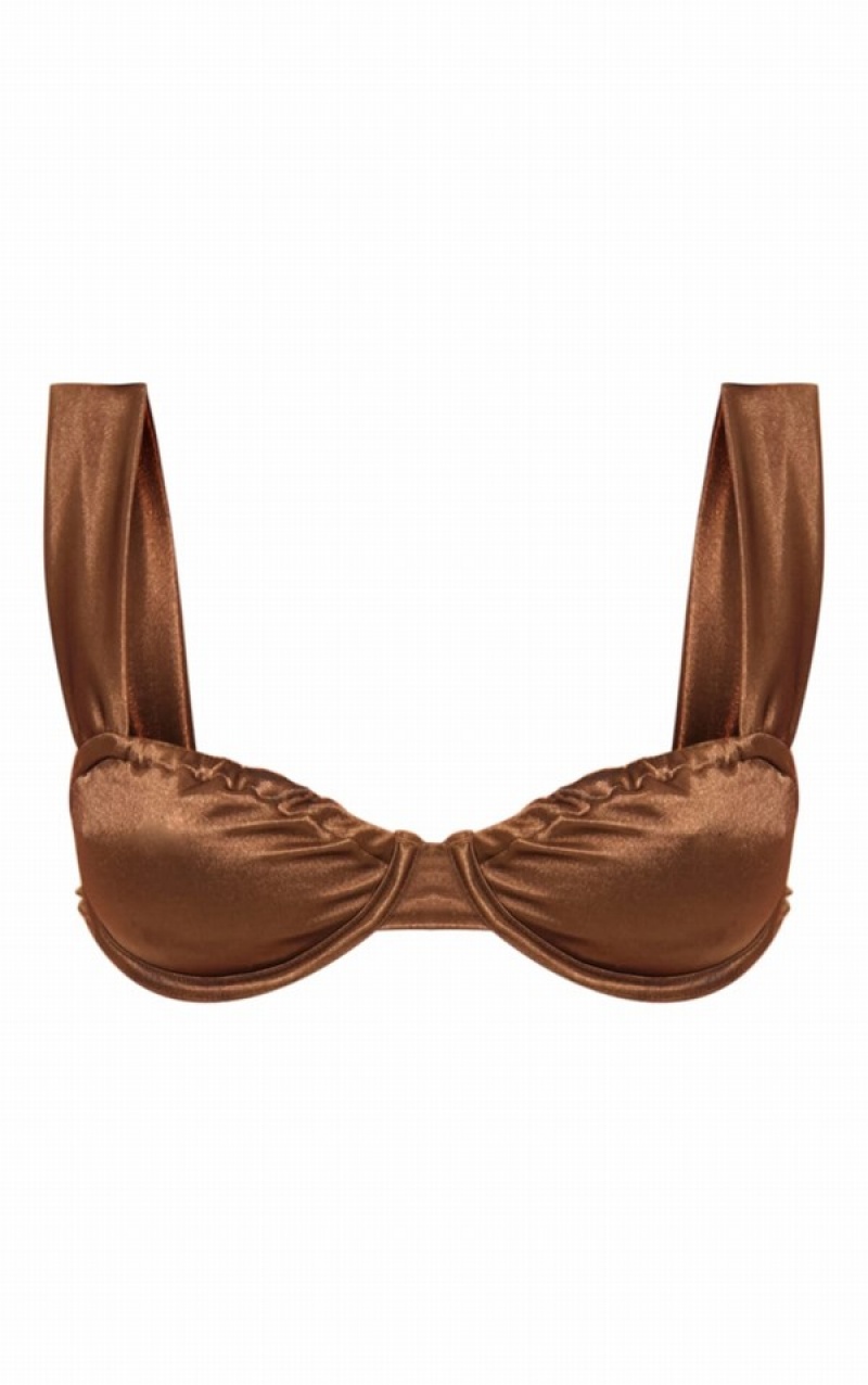 Beige Pretty Little Thing Mocha Satin Underwired Bikini Tops | MDEVXUI-16