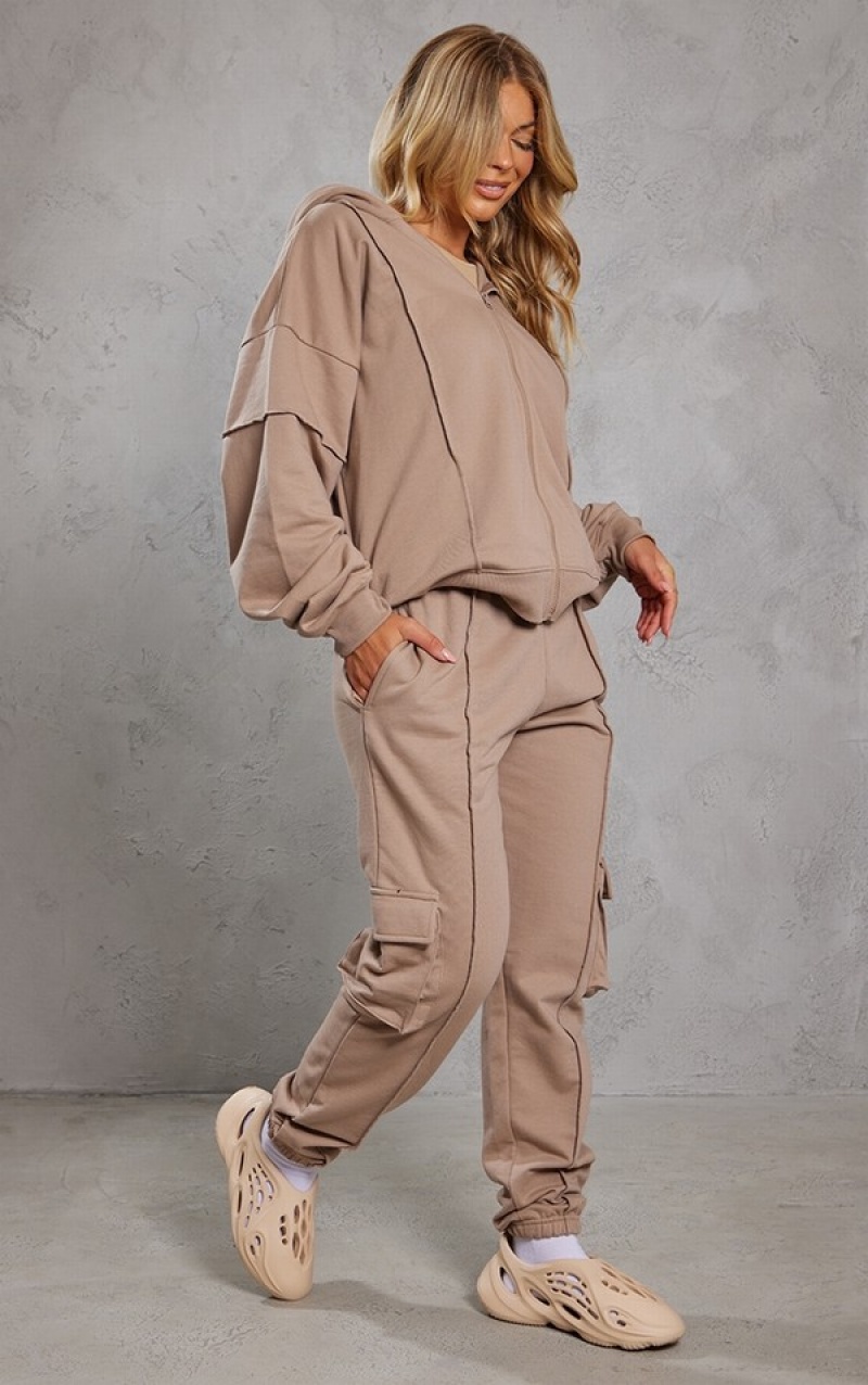 Beige Pretty Little Thing Mocha Seam Detail Oversized Zip Through Hoodie | NTOJEZY-58