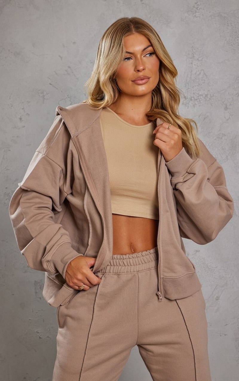 Beige Pretty Little Thing Mocha Seam Detail Oversized Zip Through Hoodie | NTOJEZY-58