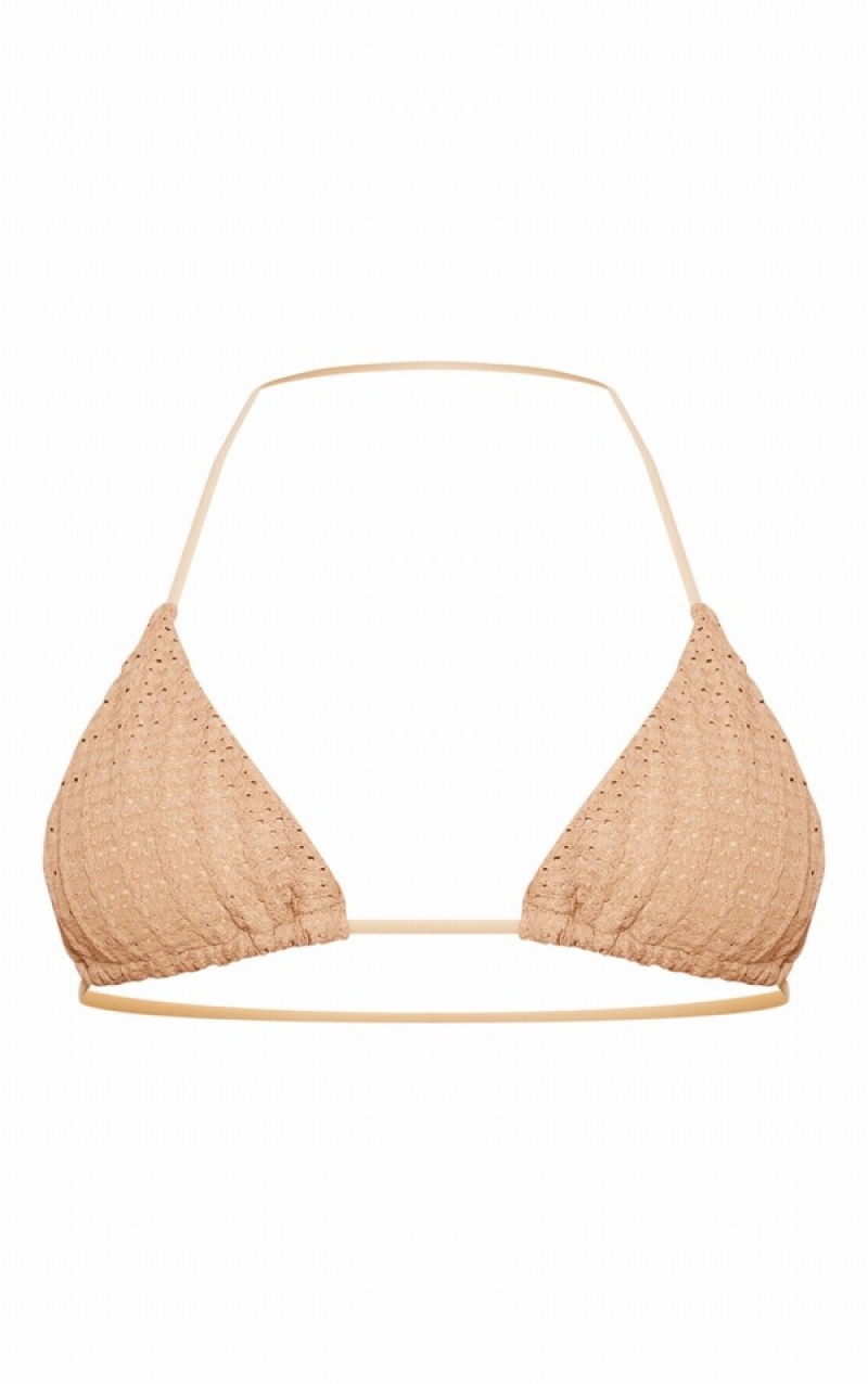 Beige Pretty Little Thing Mocha TextuCrochet Triangle Bikini Tops | ADPOXKH-47