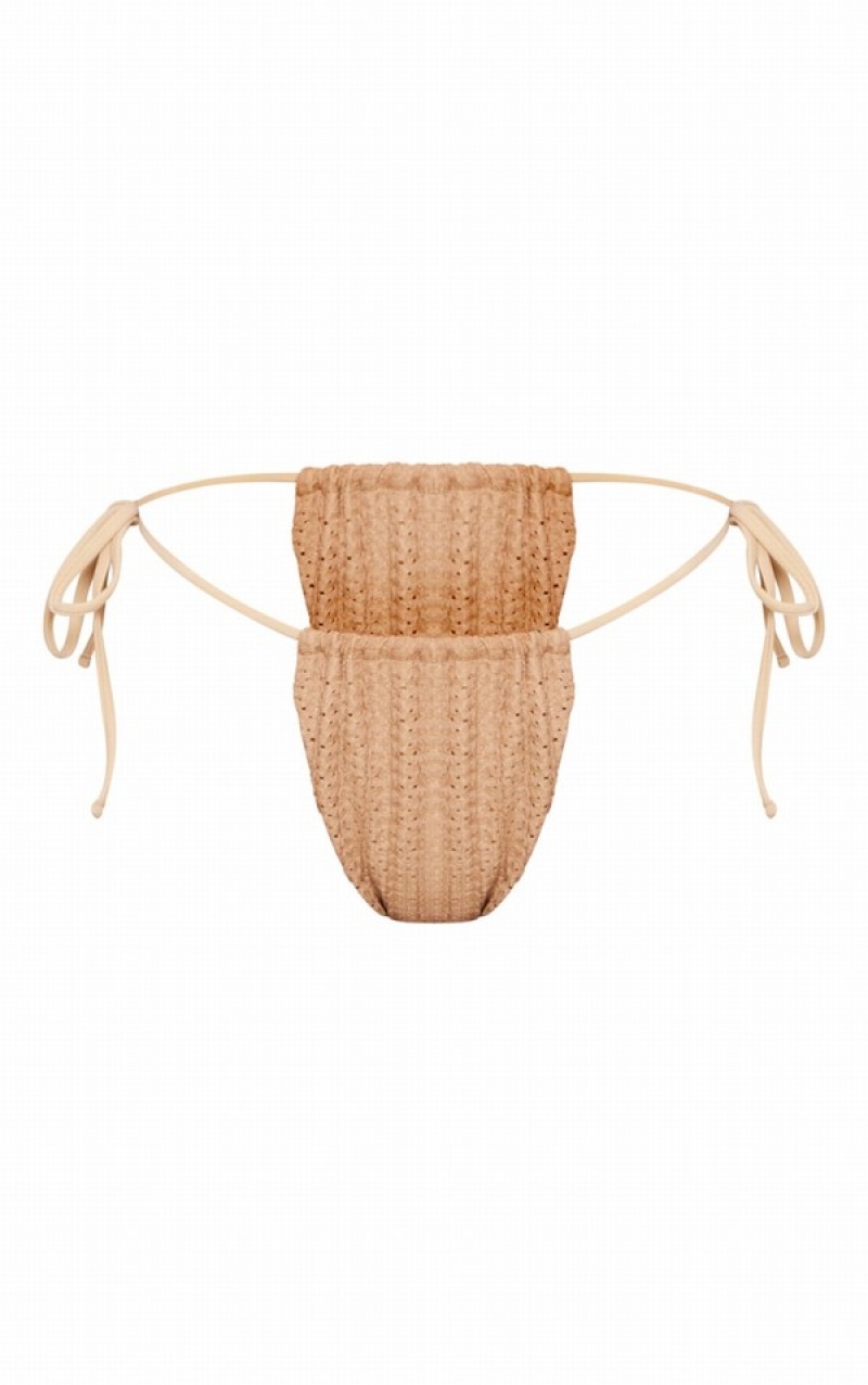 Beige Pretty Little Thing Mocha TextuCrochet Tie Side Bikini Bottoms | EQVAHNI-92