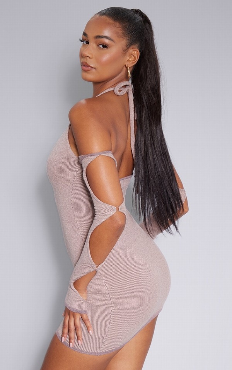 Beige Pretty Little Thing Mocha Two Tone Cut Out Halterneck Long Sleeve Dresses | YGCZMBI-80