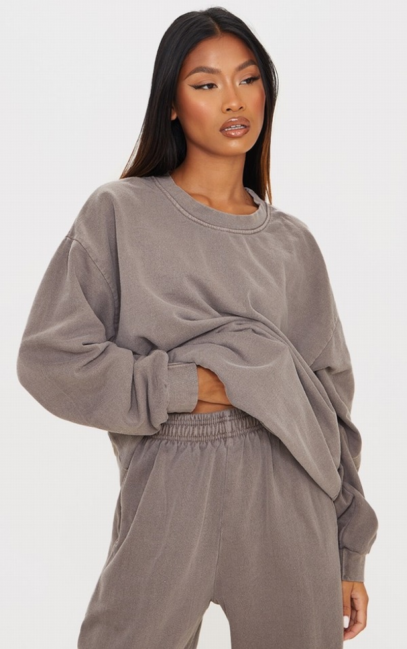 Beige Pretty Little Thing Mocha Washed Oversized Sweatshirts | NFMPDTW-72