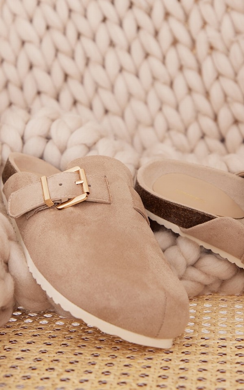 Beige Pretty Little Thing Natural Buckle Detail Faux Suedes Mules | RYFCGQU-37