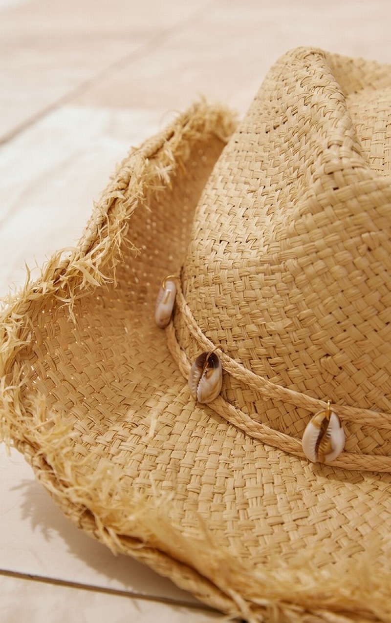 Beige Pretty Little Thing Natural Frayed Edge Shell Cowboy Hats | TNBGHSI-43