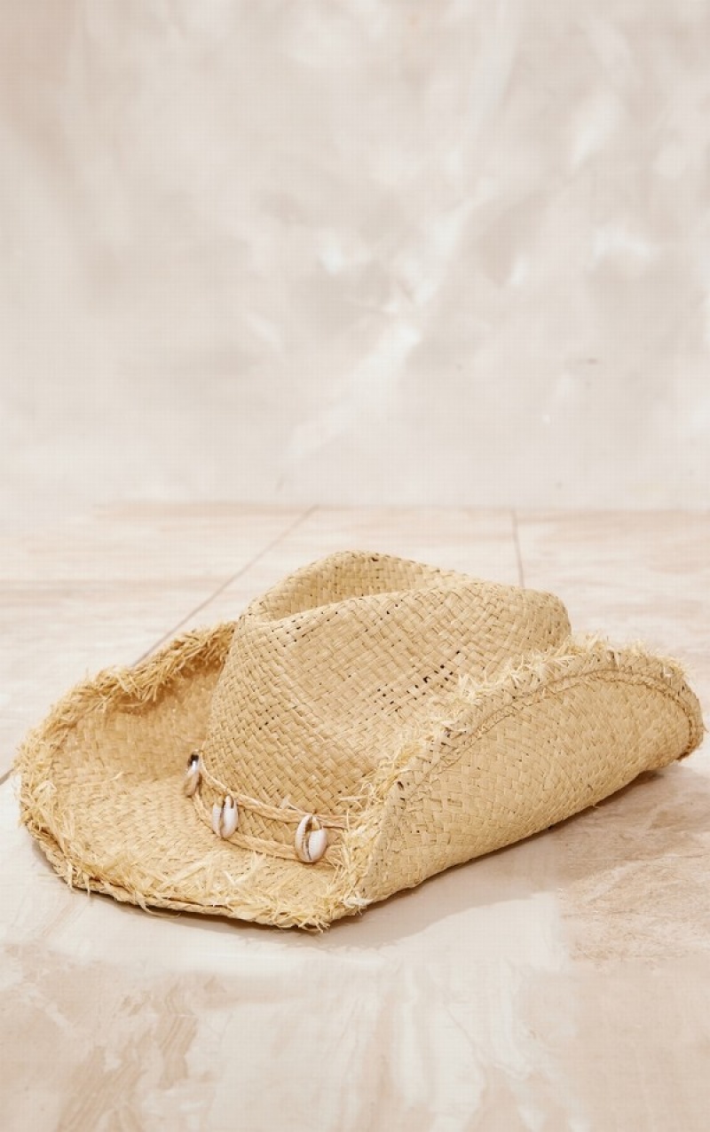 Beige Pretty Little Thing Natural Frayed Edge Shell Cowboy Hats | TNBGHSI-43