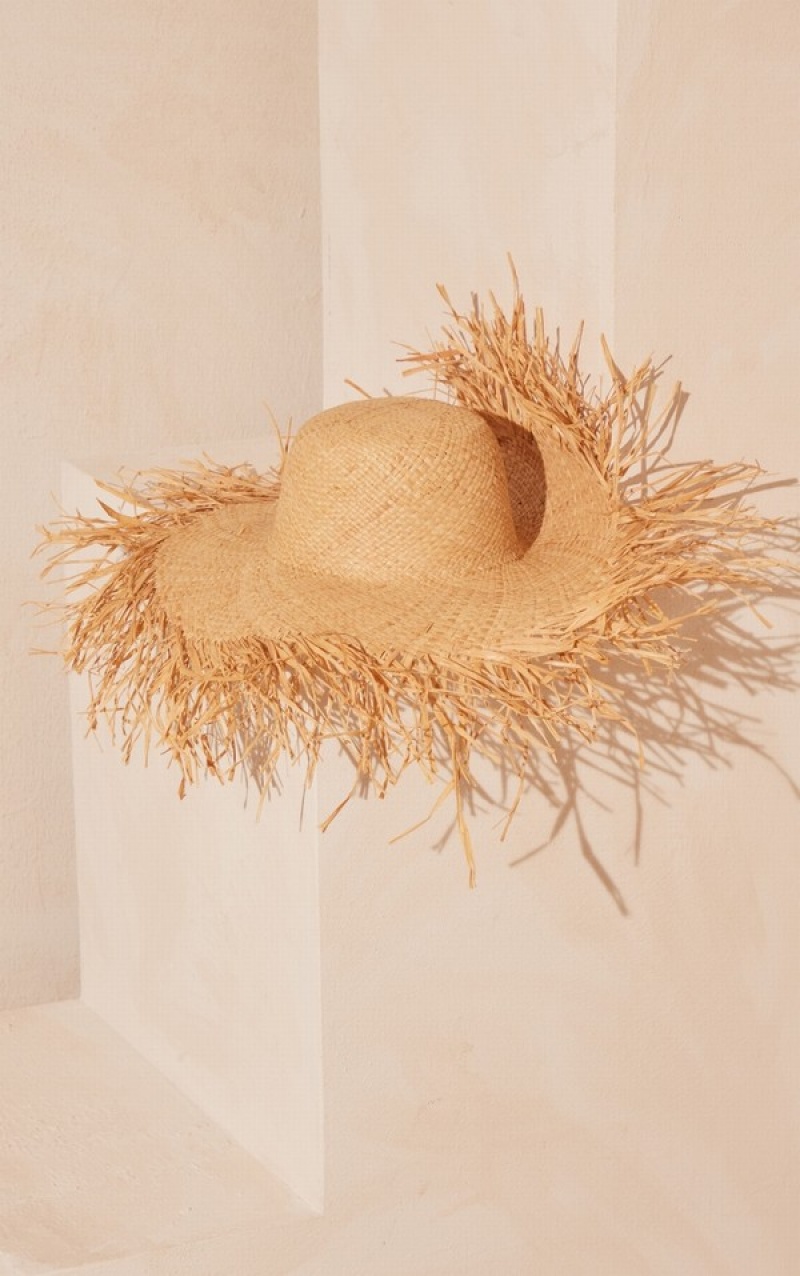 Beige Pretty Little Thing Natural Frayed Edge Straw Hats | WVSJXPG-13