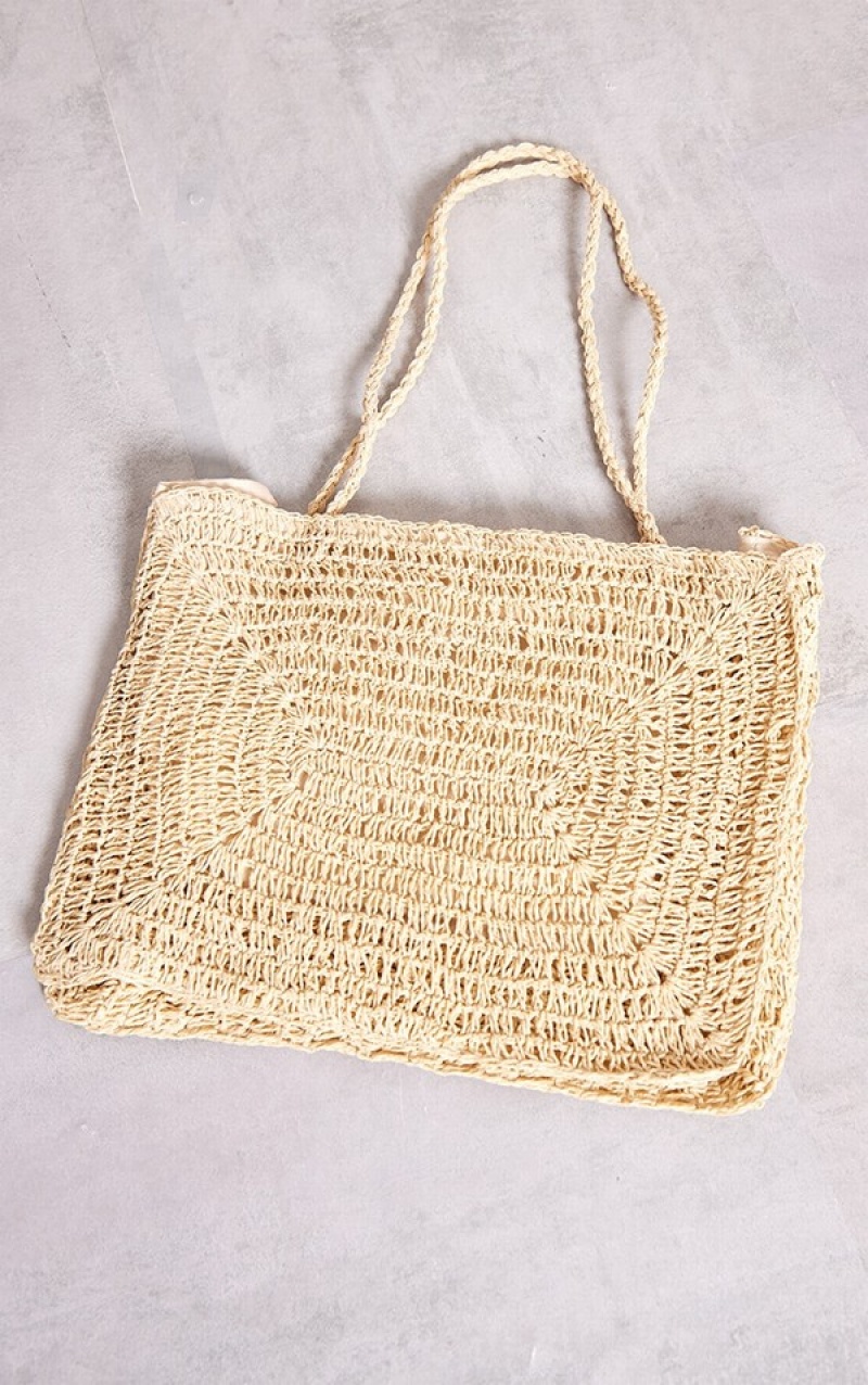 Beige Pretty Little Thing Natural Oversized Straw Tote Bags | IATEXNY-91