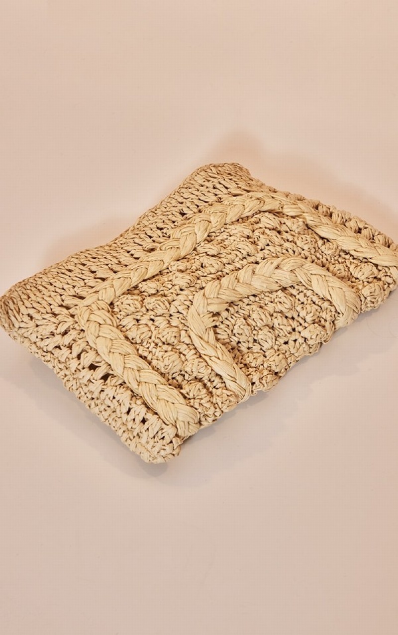 Beige Pretty Little Thing Natural Plaited Detail Raffia Clutch Bags | MCSRUPL-98