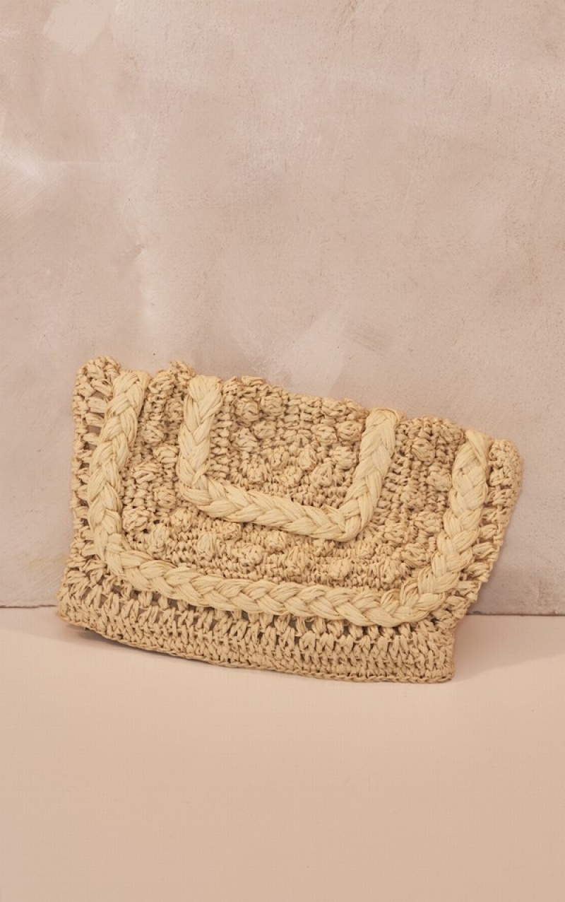 Beige Pretty Little Thing Natural Plaited Detail Raffia Clutch Bags | MCSRUPL-98