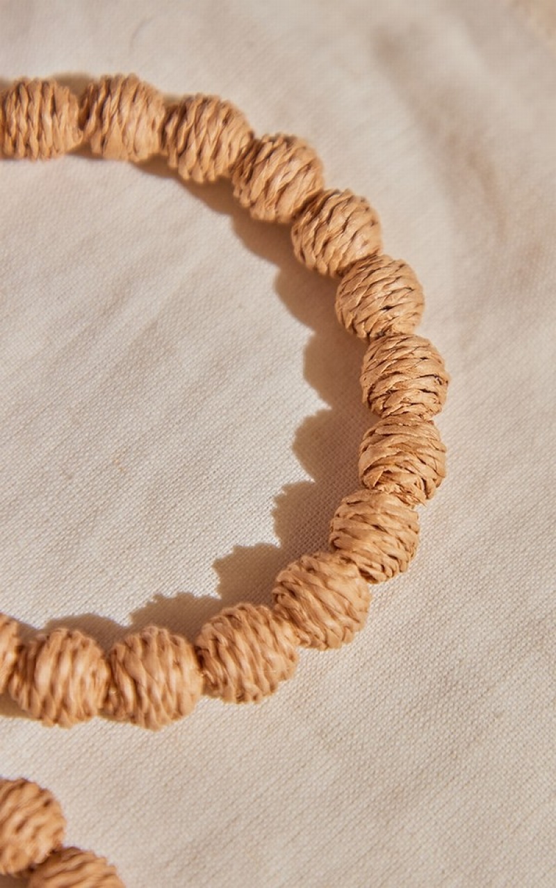 Beige Pretty Little Thing Natural Raffia Ball Large Hoop Jewelry | JMBGWLN-56