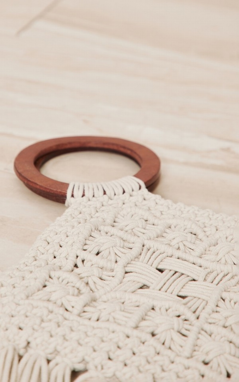 Beige Pretty Little Thing Natural Wooden Macrame Tassel Beach Handbag | TBZLOFY-52