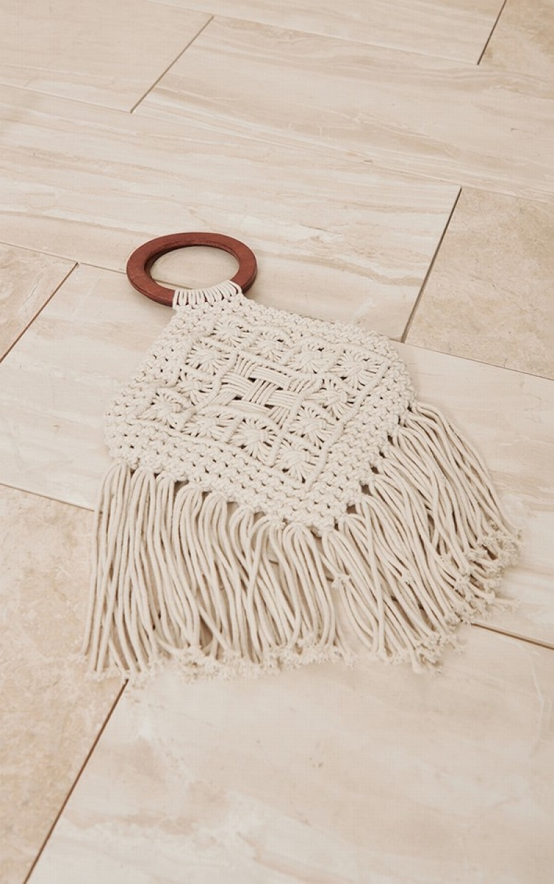 Beige Pretty Little Thing Natural Wooden Macrame Tassel Beach Handbag | TBZLOFY-52