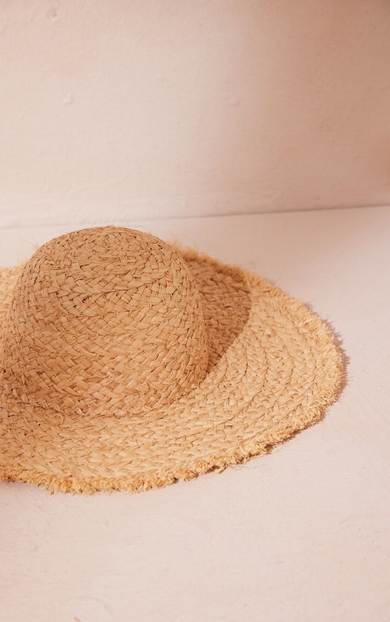 Beige Pretty Little Thing Natural Woven Frayed Edge Straw Hats | CJAMLQV-29