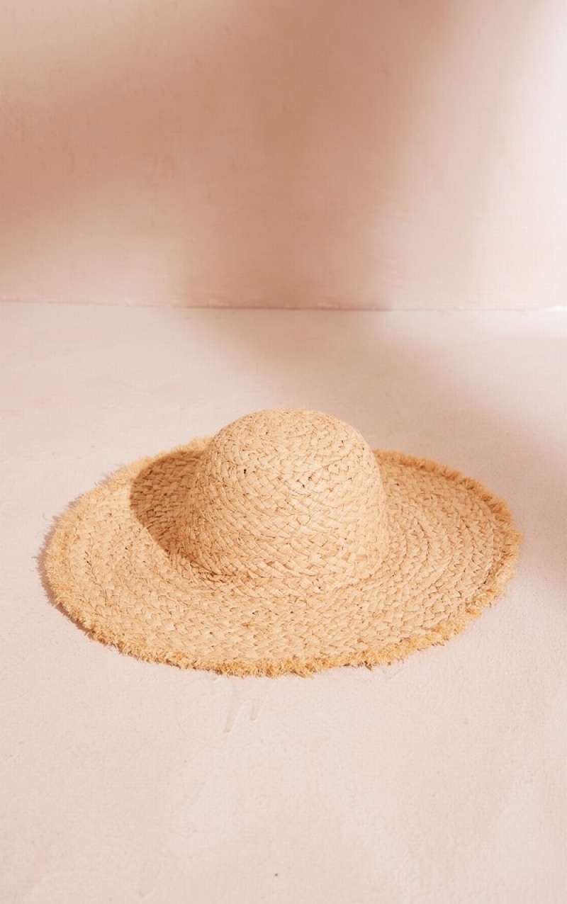 Beige Pretty Little Thing Natural Woven Frayed Edge Straw Hats | CJAMLQV-29