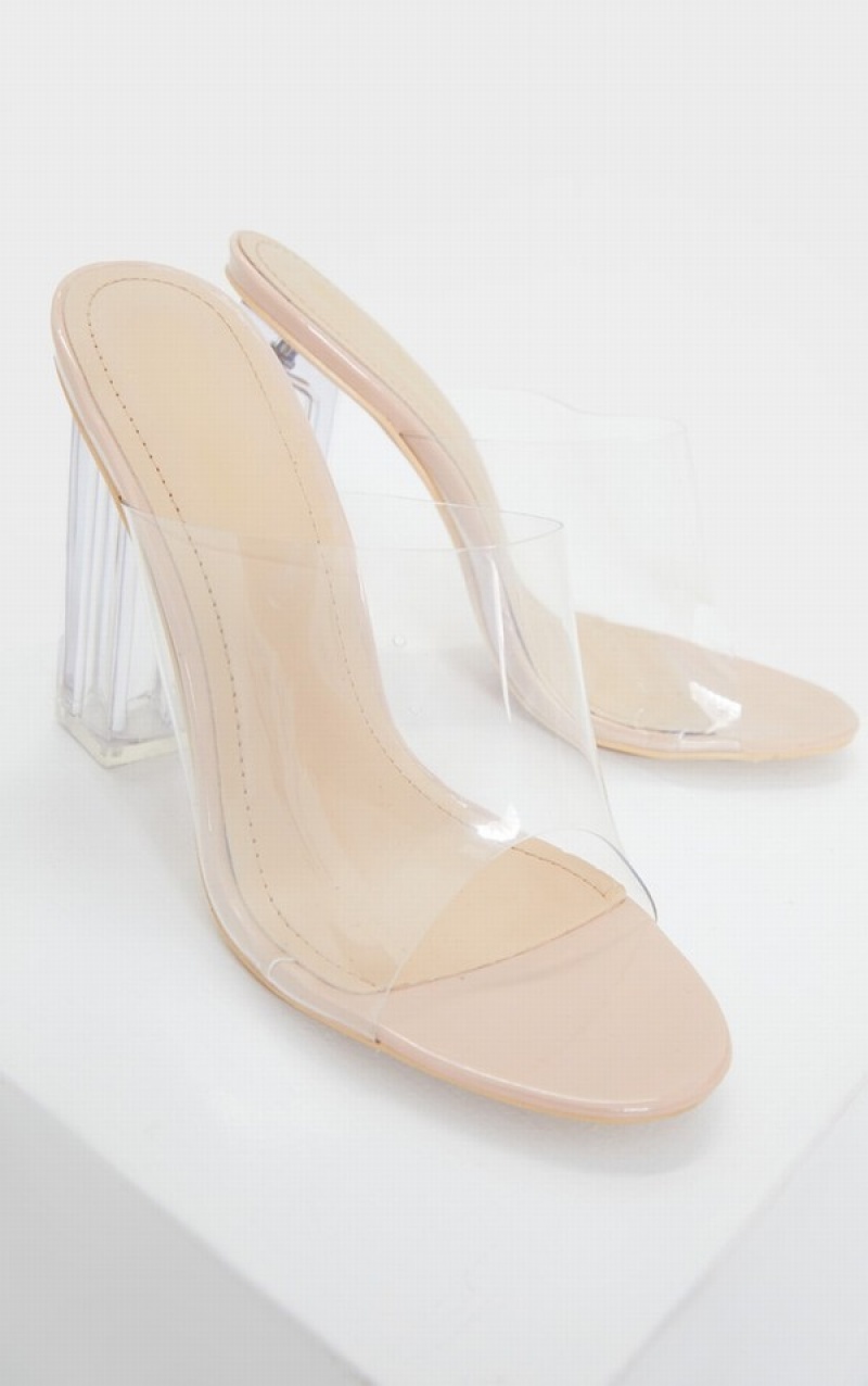 Beige Pretty Little Thing Nude Clear High Block Heels | KQYUBLP-62