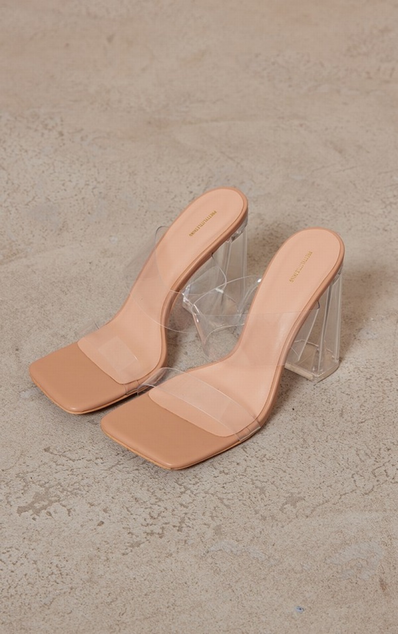 Beige Pretty Little Thing Nude Clear Square Toe Thick Double Strap Chunky Block High Heels | MUFJSLB-89