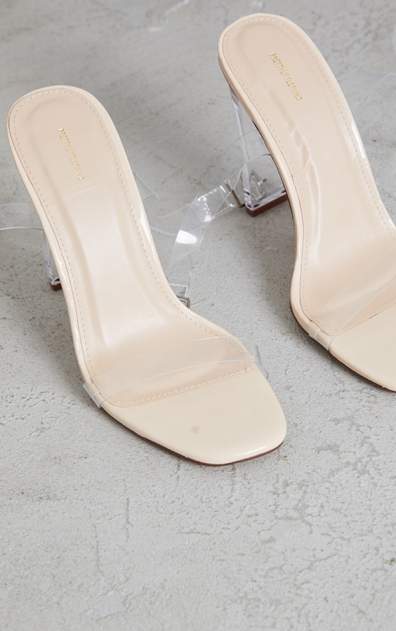 Beige Pretty Little Thing Nude Clear Strap Heels | YGIEVXC-40