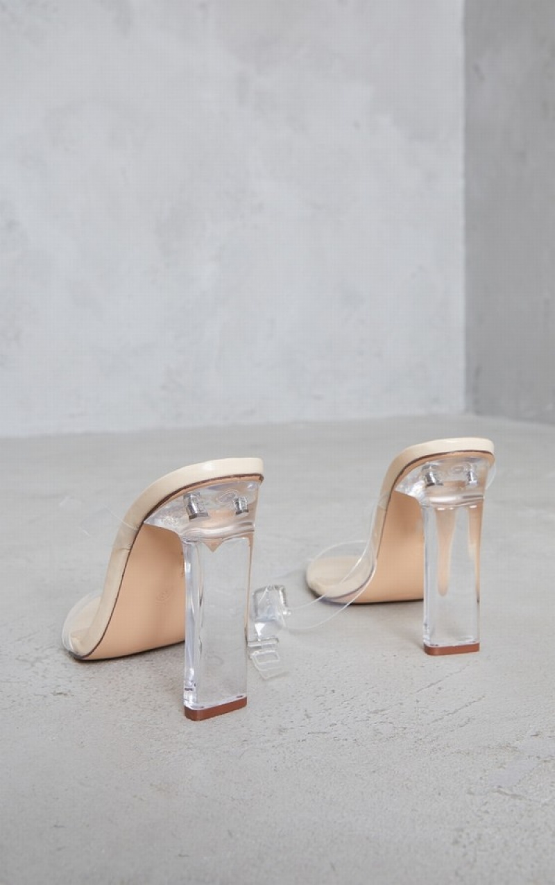 Beige Pretty Little Thing Nude Clear Strap Heels | YGIEVXC-40