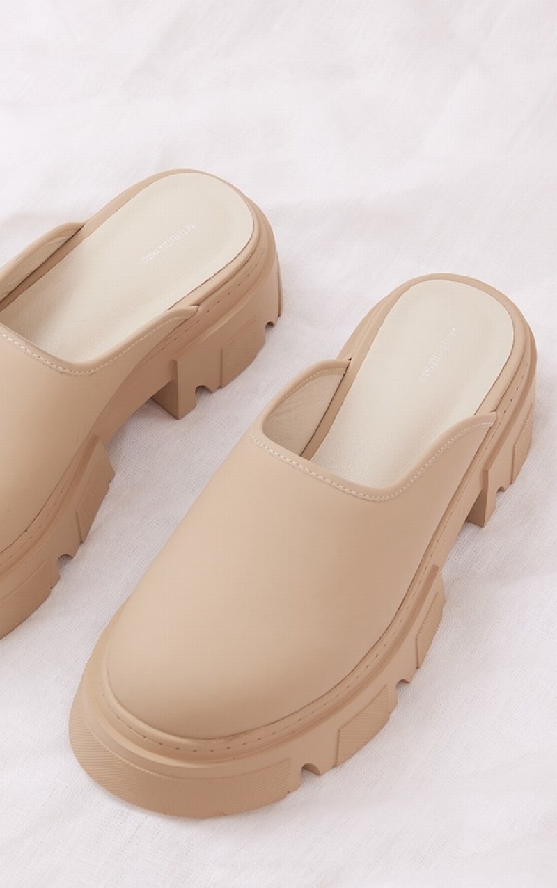 Beige Pretty Little Thing Nude Faux Leather Round Chunky Sole Slip Ons Mules | SMKGLQB-96