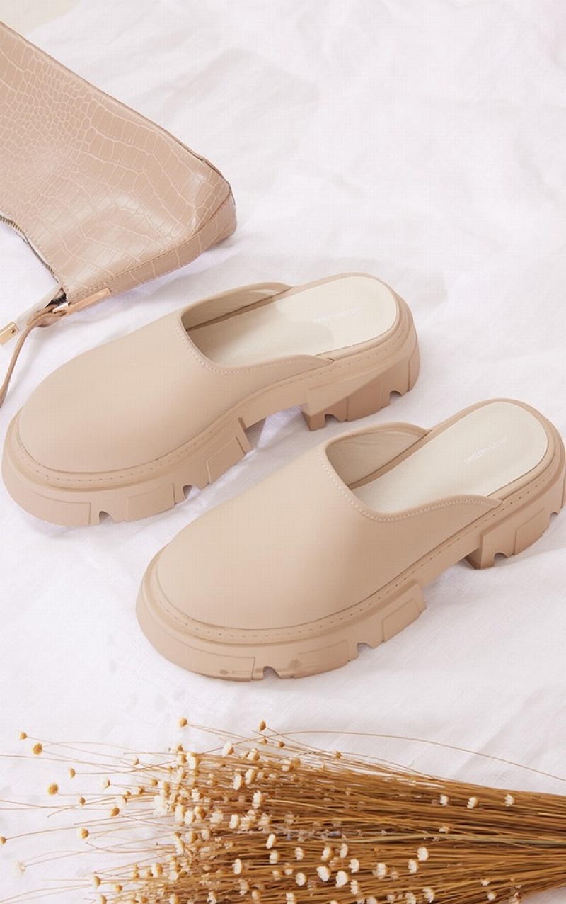 Beige Pretty Little Thing Nude Faux Leather Round Chunky Sole Slip Ons Mules | SMKGLQB-96