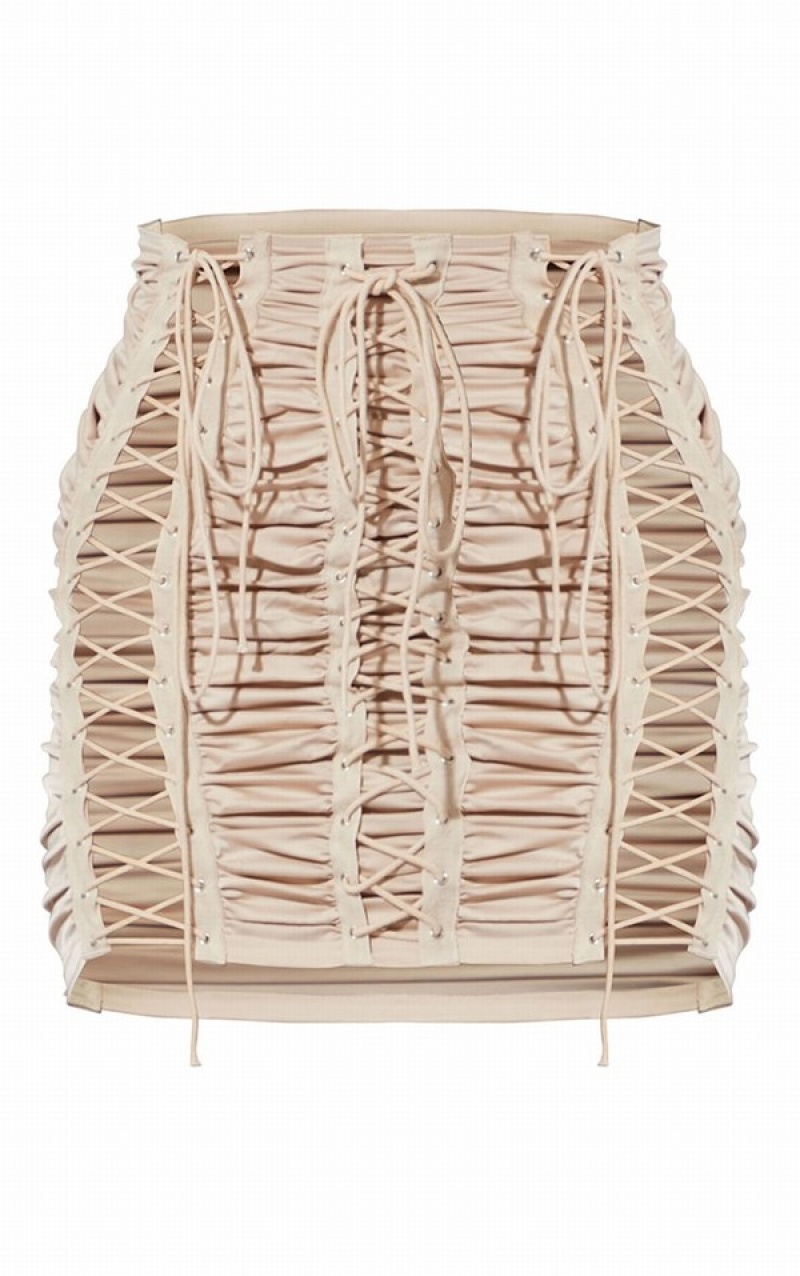 Beige Pretty Little Thing Nude Lace Up Ruched Detail Skirts | MDGBLIW-83