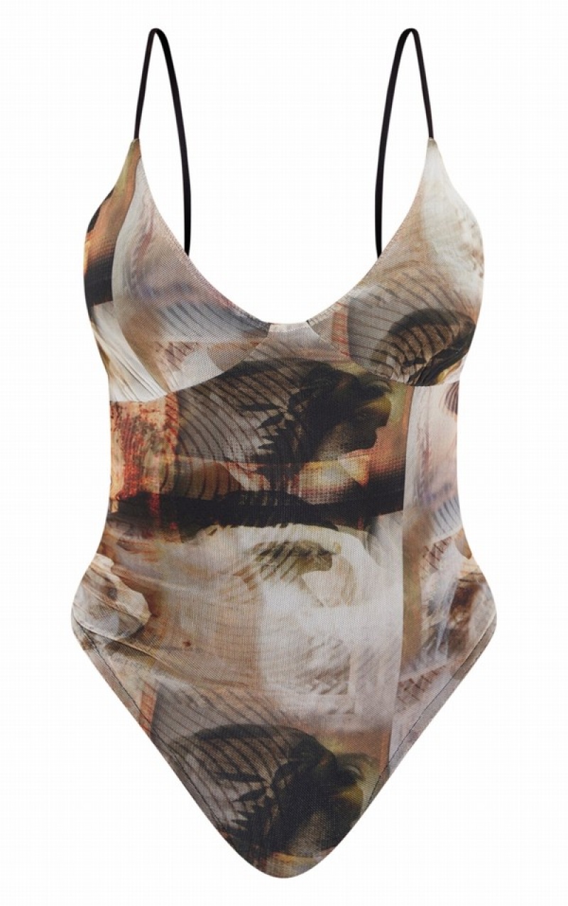 Beige Pretty Little Thing Nude Mesh Abstract Renaissance Print Cup Detail Bodysuits | FKEOYDT-65