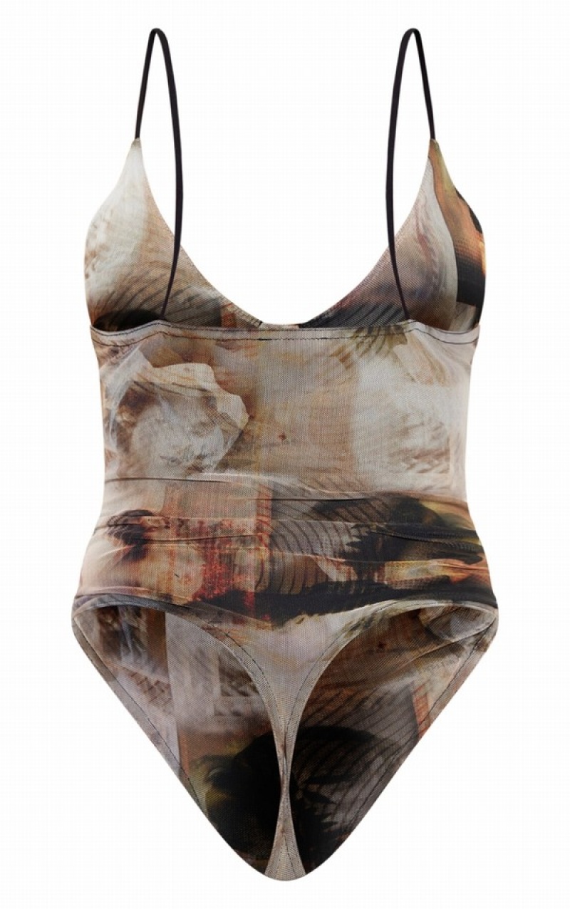 Beige Pretty Little Thing Nude Mesh Abstract Renaissance Print Cup Detail Bodysuits | FKEOYDT-65