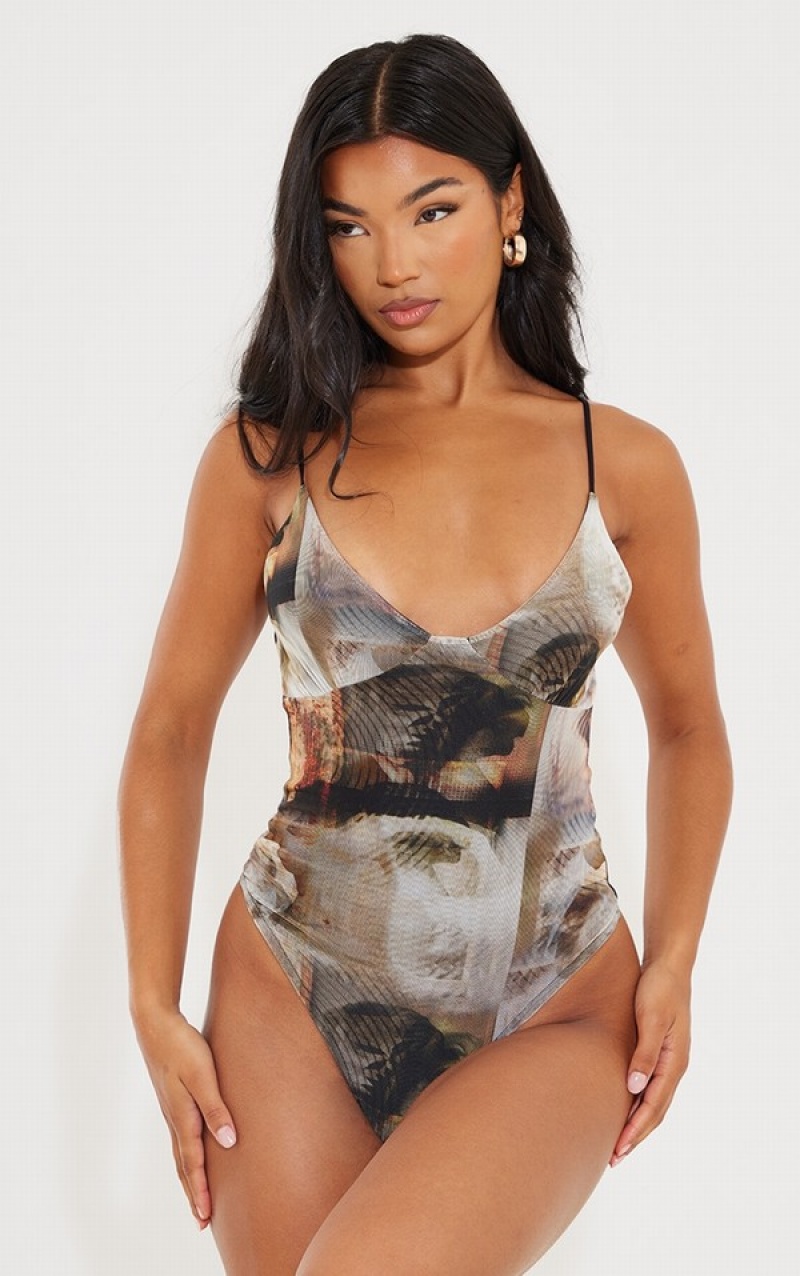 Beige Pretty Little Thing Nude Mesh Abstract Renaissance Print Cup Detail Bodysuits | FKEOYDT-65