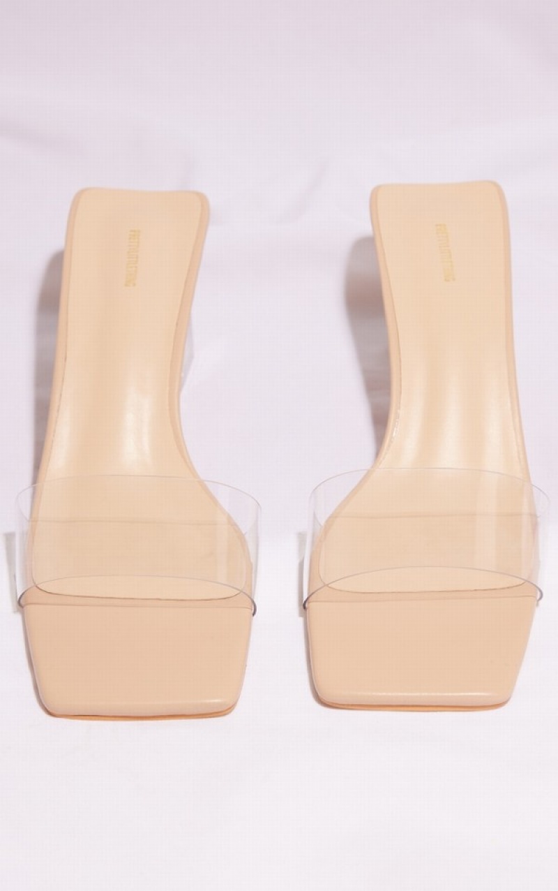 Beige Pretty Little Thing Nude PU Square Toe Clear Strap Blockeds Heels | FMOJWRH-46