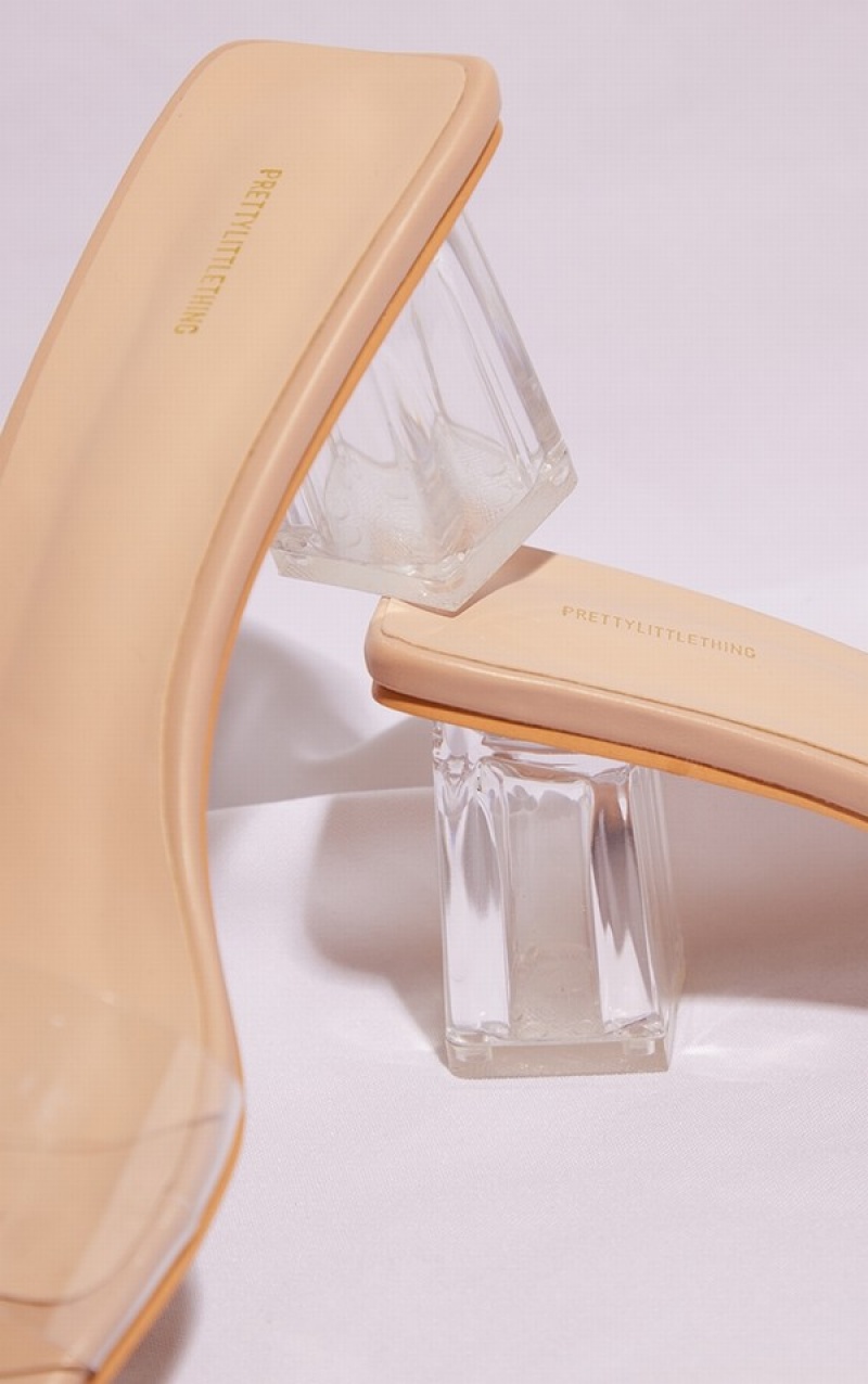 Beige Pretty Little Thing Nude PU Square Toe Clear Strap Blockeds Heels | FMOJWRH-46