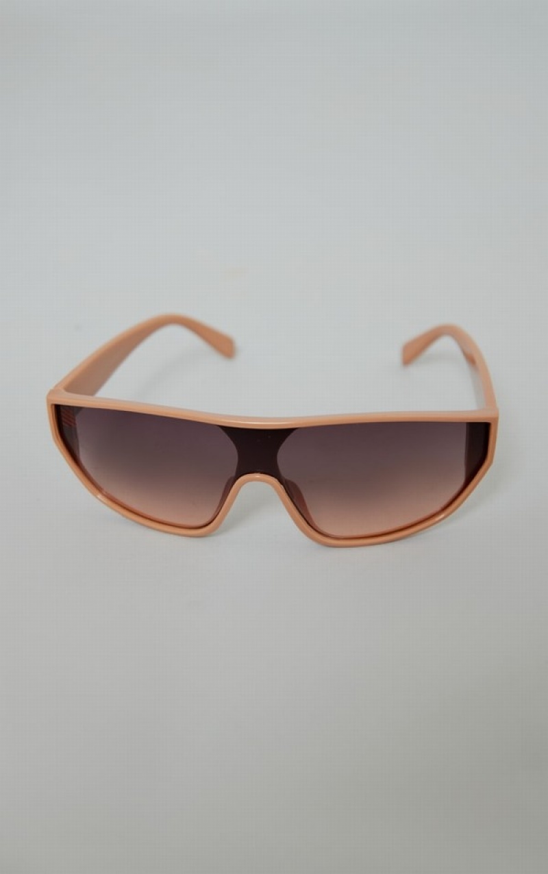 Beige Pretty Little Thing Nude Rounded Visor Sunglasses | MNSVAWG-01