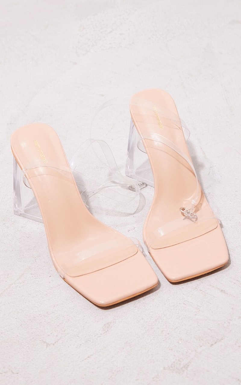 Beige Pretty Little Thing Nude Wide Fit Pu Patent Clear Triangle Block Heels | KVGHDSM-26