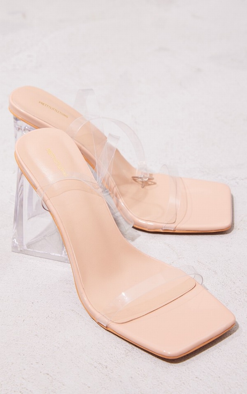 Beige Pretty Little Thing Nude Wide Fit Pu Patent Clear Triangle Block Heels | KVGHDSM-26