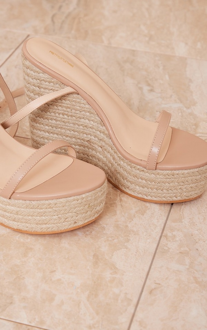 Beige Pretty Little Thing Nude Wide Fit PU Metallic Strap Espadrille Highed Wedges Heels | XIKSECL-81