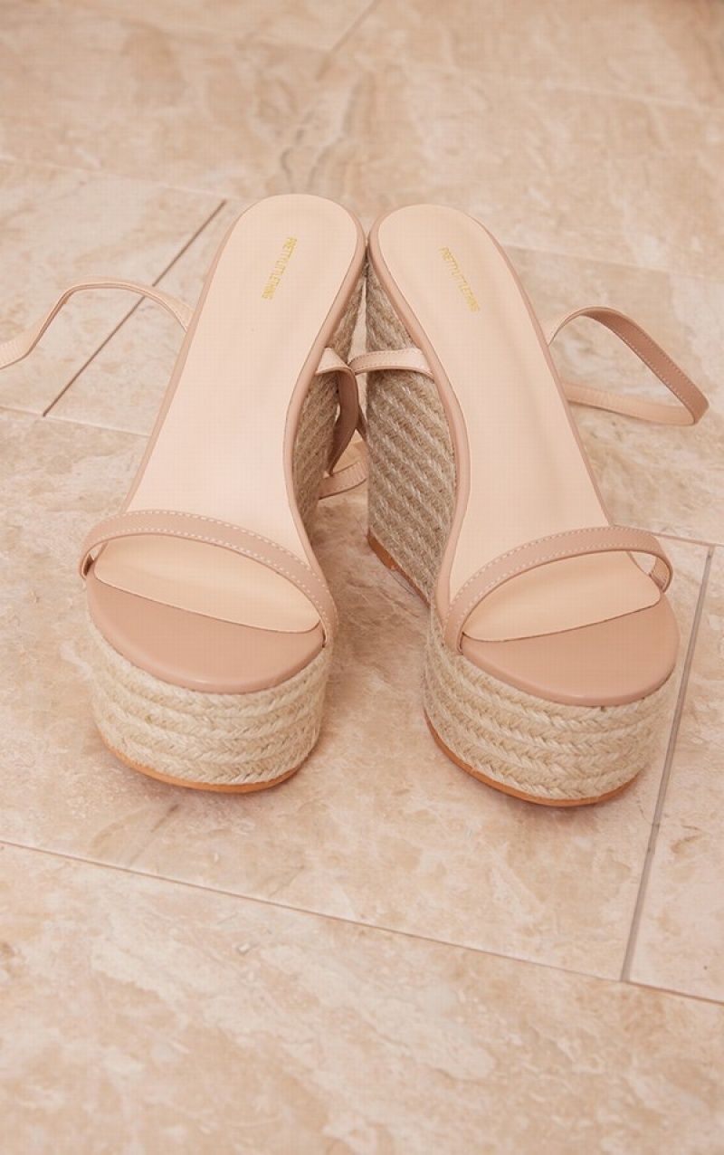 Beige Pretty Little Thing Nude Wide Fit PU Metallic Strap Espadrille Highed Wedges Heels | XIKSECL-81