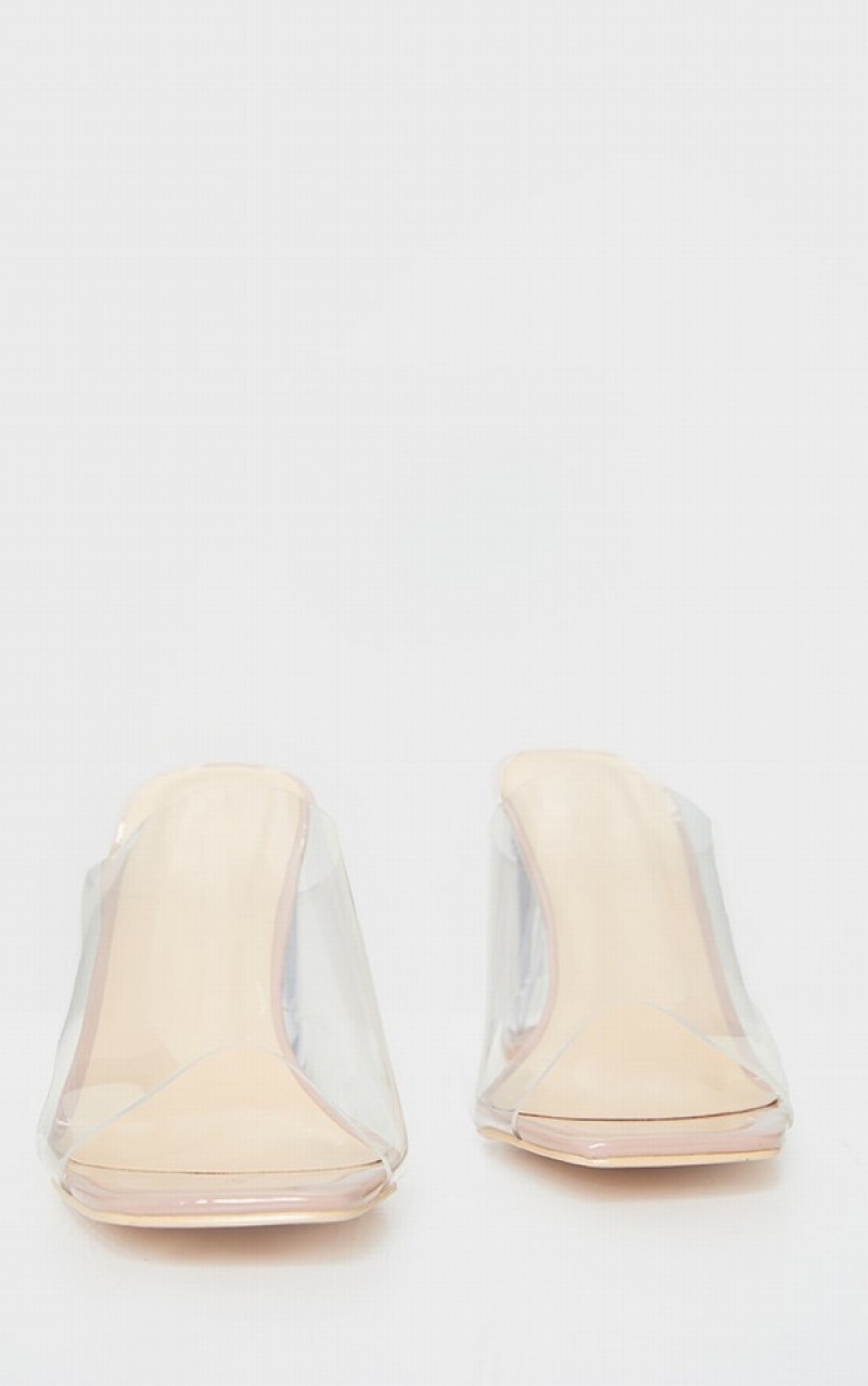 Beige Pretty Little Thing Nude Wide Fit Clear FlaBlocks Heels | UMKCYEL-49