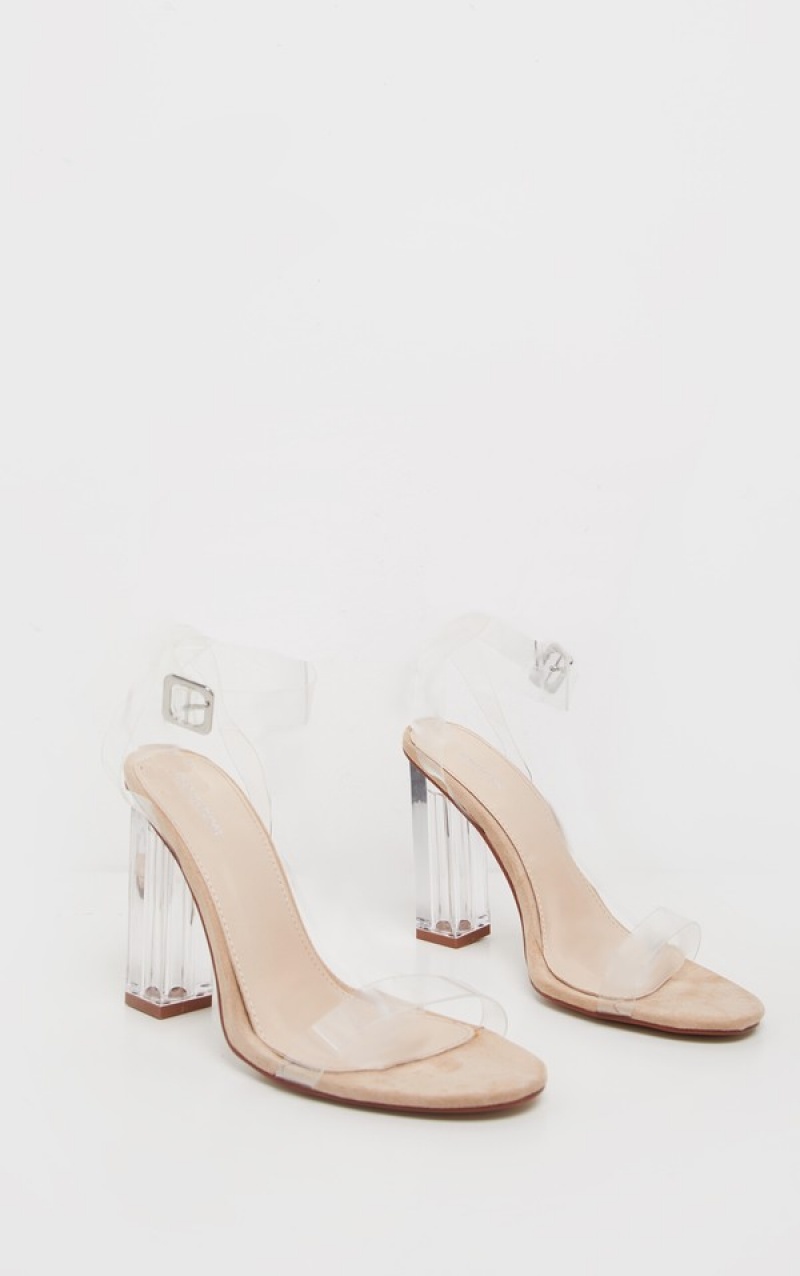 Beige Pretty Little Thing Nude Wide Fit Clear Block Heels | YOKQFBR-30