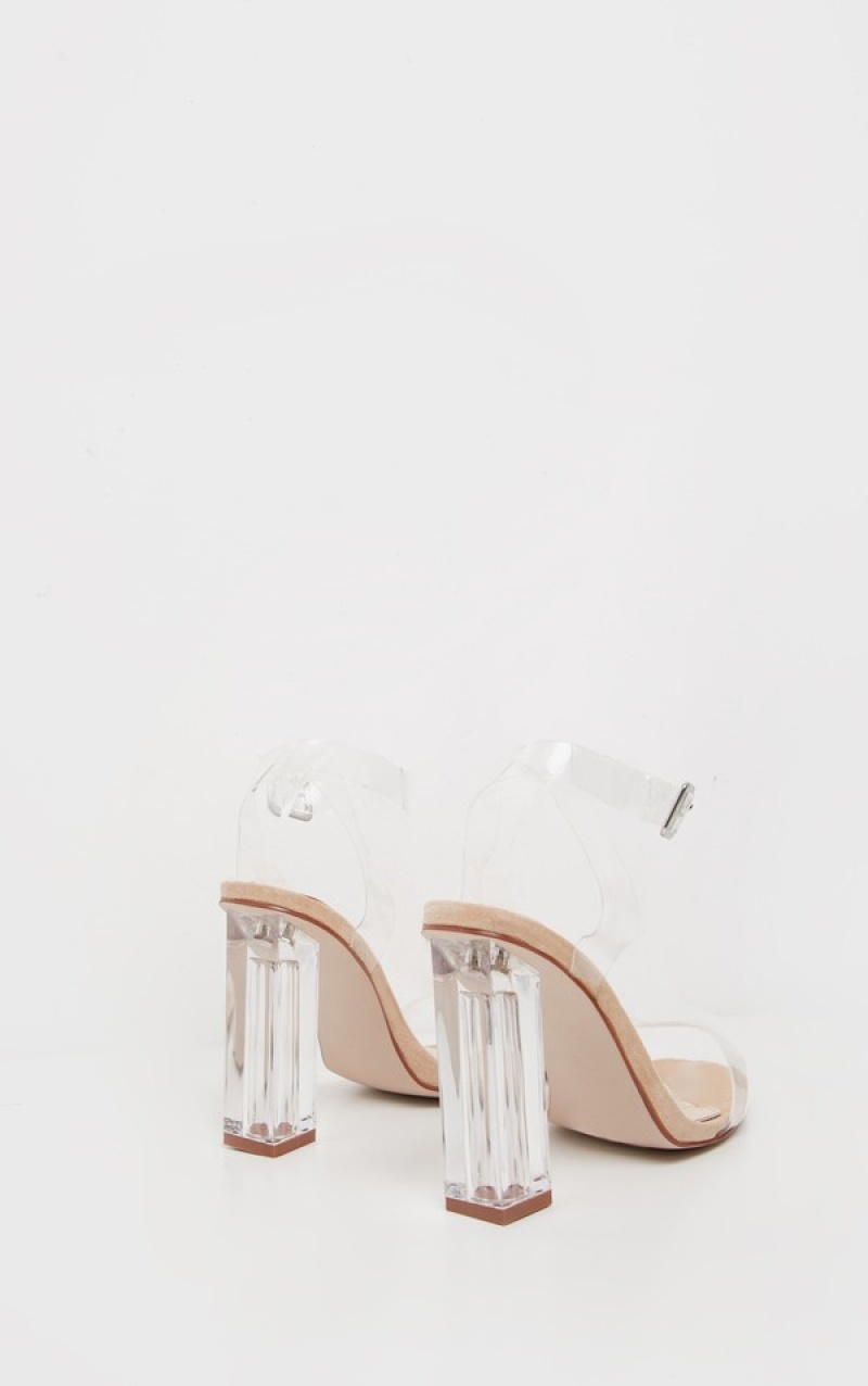 Beige Pretty Little Thing Nude Wide Fit Clear Block Heels | YOKQFBR-30