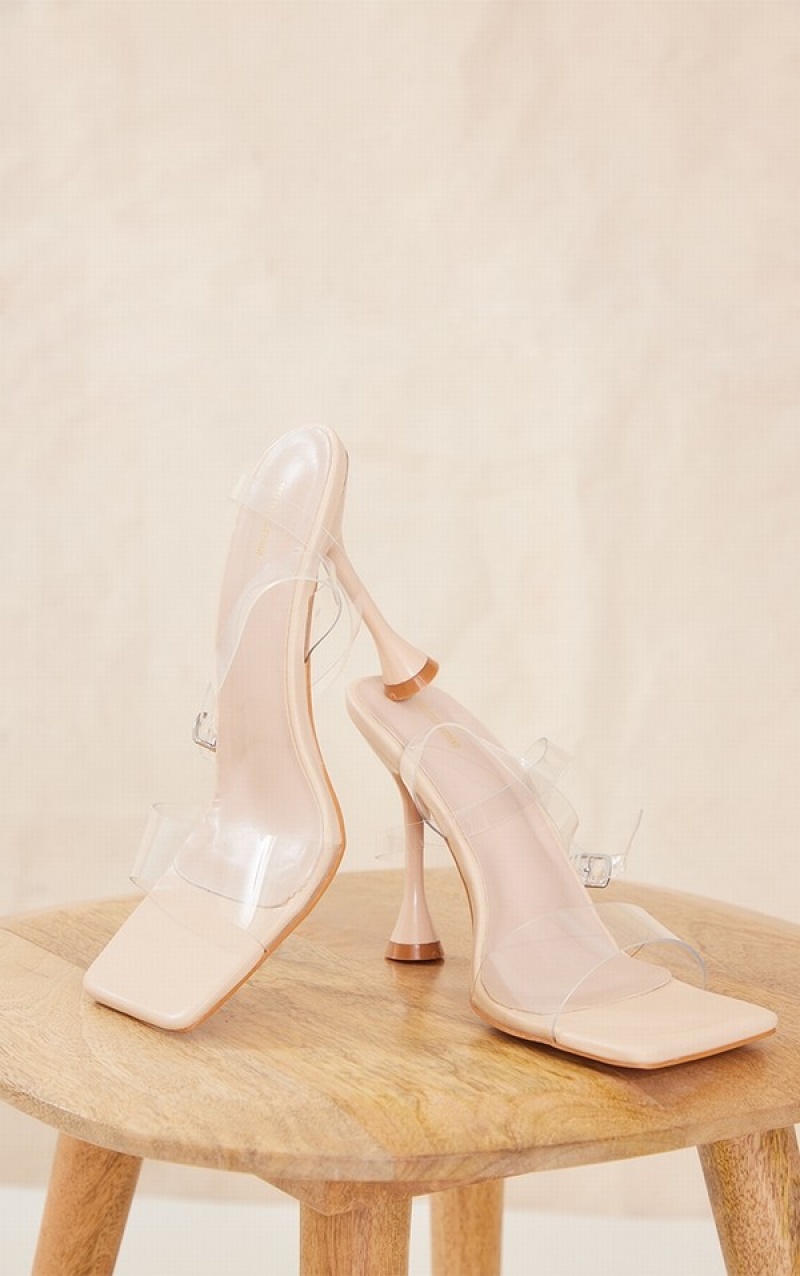 Beige Pretty Little Thing Nude Wide Fit Clear Strap Barely There Mid Heels | NKQDXUR-85