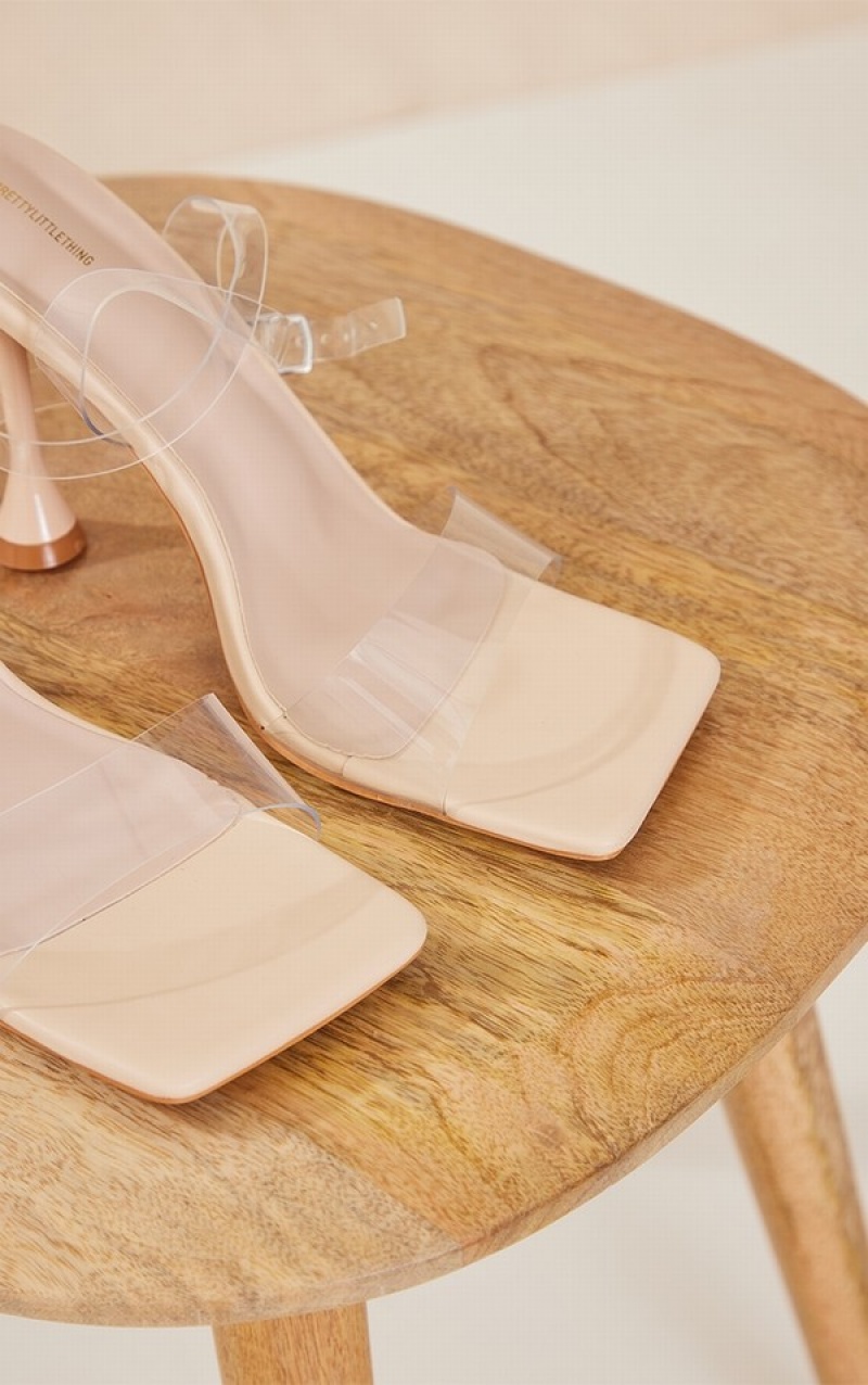 Beige Pretty Little Thing Nude Wide Fit Clear Strap Barely There Mid Heels | NKQDXUR-85