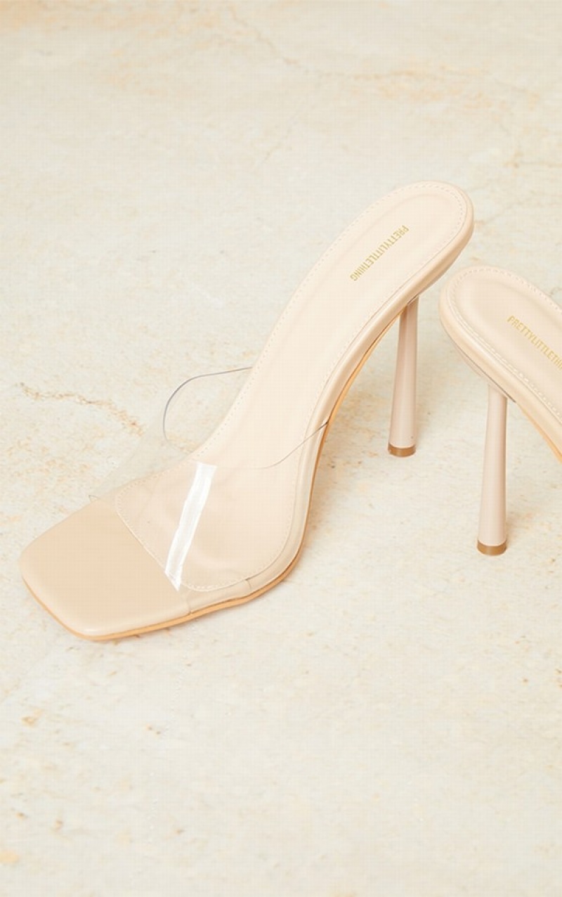 Beige Pretty Little Thing Nude Wide Fit Clear Strapeds Heels | RNFBZDY-82